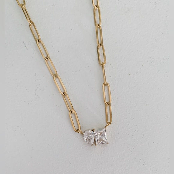 18K Gold Plated CZ Gemstone paperclip necklace - Picture 3 of 7